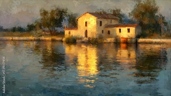 Fototapeta Miniature house nestled by the still water, reflecting tranquility and simplicity in a serene outdoor environment.