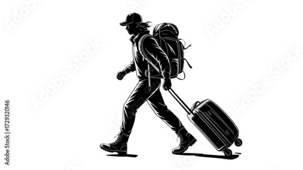 Fototapeta Stylish traveler treks onward with suitcase and backpack in tow, ready for adventure and exploration
