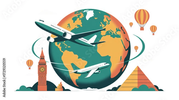 Fototapeta Exciting adventures await with this global travel concept featuring iconic landmarks and airplanes flying worldwide