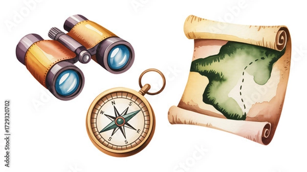 Fototapeta Discover adventure with vintage compass, binoculars, and map for travel and exploration ideas