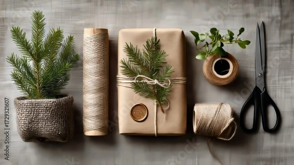 Fototapeta gift wrapping scene from above, kraft paper, twine, pine sprigs, wax seal, scissors, tape dispenser
