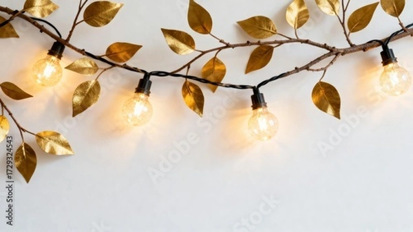 Fototapeta Golden leaves with string lights