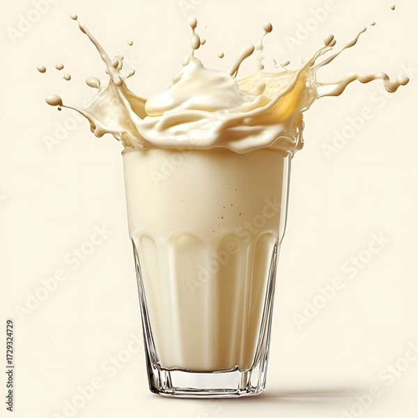 Fototapeta Dairy Delight: A creamy milkshake is caught mid-splash in a clear glass, creating a dynamic and delicious visual that perfectly captures the rich texture and refreshing essence.
