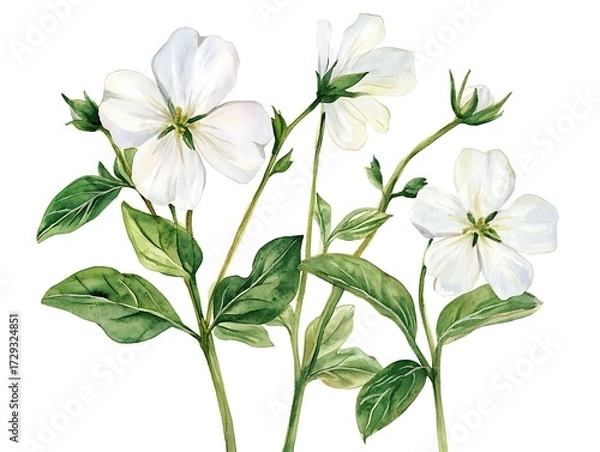 Fototapeta Elegant White Flower Botanical: A serene watercolor-style illustration showcasing the delicate beauty of pristine, pure white blossoms, embodying the essence of floral elegance and natural artistry.