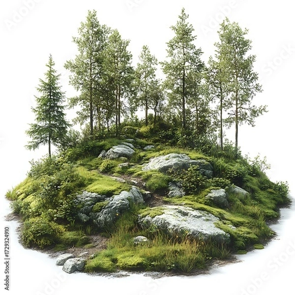 Fototapeta Island of Tranquility: A small verdant island, abundant with lush greenery and aged stone, rises gracefully, providing a serene panorama of nature's artistry. 