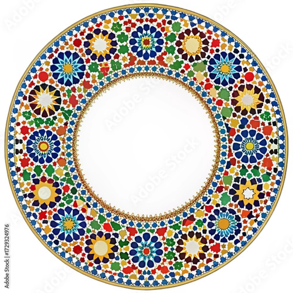 Fototapeta Ornate circular mosaic pattern of geometric shapes, various colors, and a central blank space