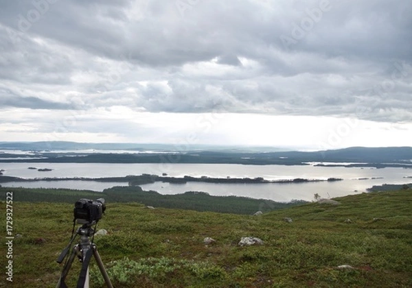 Fototapeta View above mountains Arjeplog in September