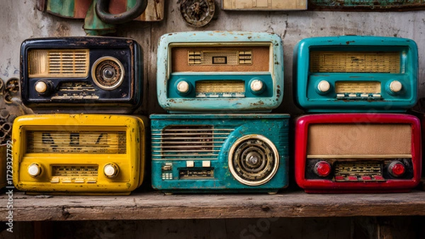 Fototapeta Old radios with rustic wood background. assortment of old and vintage radios with wood background