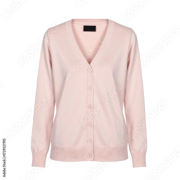Obraz Light pink cardigan sweater isolated on a black background, featuring a v-neck collar and a row of buttons down the front.