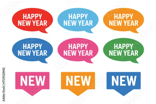 Fototapeta Colorful speech bubbles wishing everyone a happy new year on transparent background