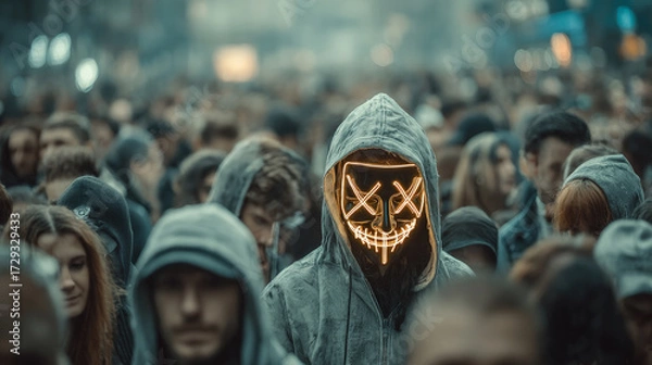 Fototapeta Person in glowing neon mask and hoodie standing in a crowded street, symbolizing anonymity, protest, rebellion, and urban subculture. 
