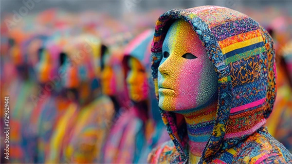 Fototapeta Group of people wearing colorful hooded outfits and masks, symbolizing anonymity, identity, culture, art, performance, and abstract creative expression. 
