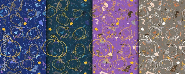 Fototapeta Convenient simple repeating Halloween seamless vector pattern of carved jack-o-lantern pumpkin faces with Bats and textured base