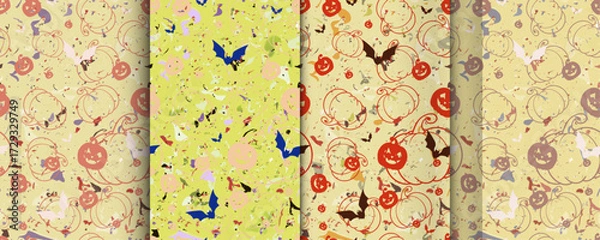 Fototapeta Convenient simple repeating Halloween seamless vector pattern of carved jack-o-lantern pumpkin faces with Bats and textured base