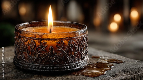 Fototapeta Burning decorative candle in ornate holder with warm flame and melted wax, symbolizing relaxation, spirituality, meditation, and peaceful atmosphere. 
