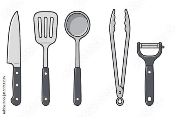 Obraz A collection of essential kitchen cooking utensils including a knife, spatula, ladle, tongs, and peeler