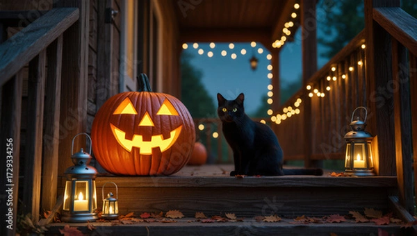 Obraz Black cat sitting on a decorated porch with a glowing jack-o’-lantern and lantern lights during Halloween night.