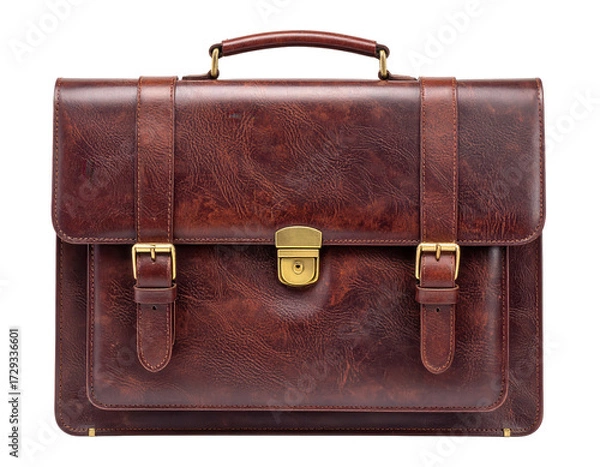 Obraz This image showcases a detailed  of a vintage, brown leather briefcase, with its distinctive texture and golden clasps against a black background.