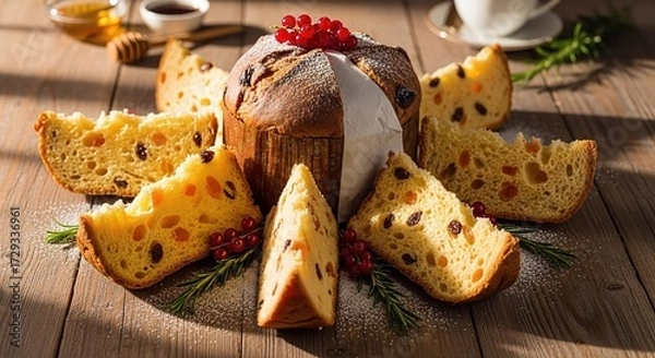Fototapeta Traditional panettone sliced and decorated with berries on rustic wooden table.