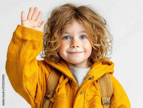 Fototapeta Smiling child in yellow jacket with backpack waving hand, symbolizing childhood, school, happiness, learning, and friendly greeting. 
