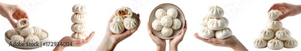 Fototapeta Set of hand holding Chinese stuffed steamed bun bao baozi Mantou, on ceramic plate, pile sliced stack bitten, isolated transparent cutout PNG. Many different style. Mockup for design	
