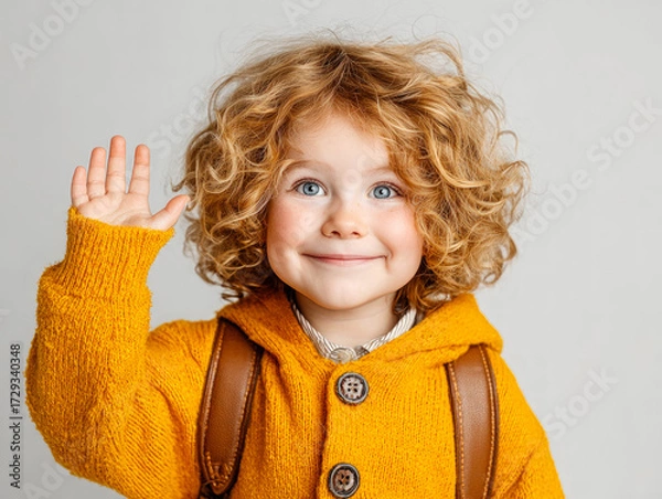 Fototapeta Smiling curly haired child in yellow coat waving hand, symbolizing happiness, innocence, childhood, friendship, and cheerful positive emotion. 

