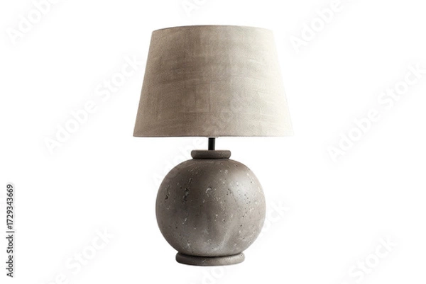 Fototapeta A stylish round concrete lamp with a textured shade illuminating a minimalist interior in soft evening light isolated on transparent background