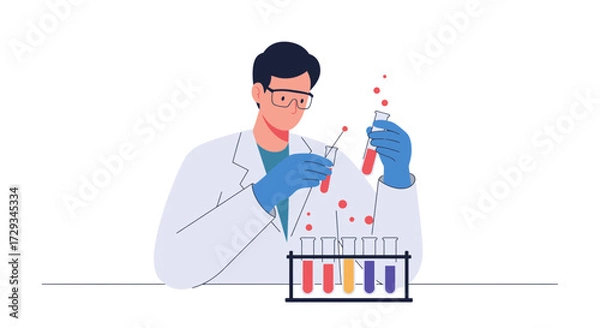 Fototapeta Scientist conducting experiment with test tubes, analyzing colorful liquid in a modern laboratory setting, focused on medical research