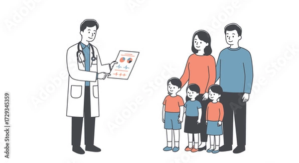 Fototapeta Caring doctor explaining health report to happy family, promoting trust and well-being in modern healthcare, designed to evoke comfort and confidence