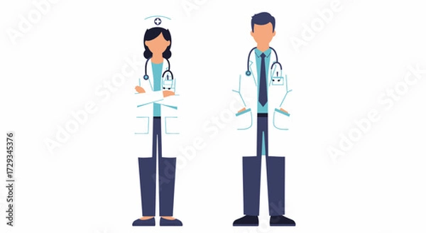 Fototapeta Confident medical professionals, a doctor and nurse, standing ready to serve with stethoscopes, embodying healthcare expertise and compassionate care in a modern visual style.