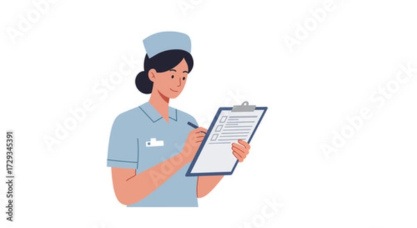 Fototapeta Caring nurse diligently records patient information on clipboard, ensuring meticulous healthcare documentation for optimal patient outcomes and efficient medical practice.