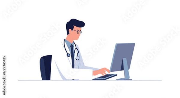 Fototapeta Professional doctor focused on computer screen in modern office, typing and managing patient records with stethoscope around neck for digital healthcare solutions.