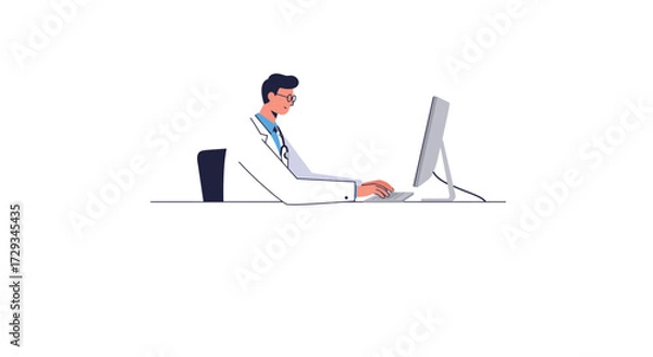 Fototapeta Dedicated doctor in white lab coat focused on computer screen, typing diligently at desk for medical research or patient care
