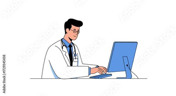 Fototapeta Confident doctor wearing lab coat and stethoscope attentively typing on modern computer keyboard for patient records