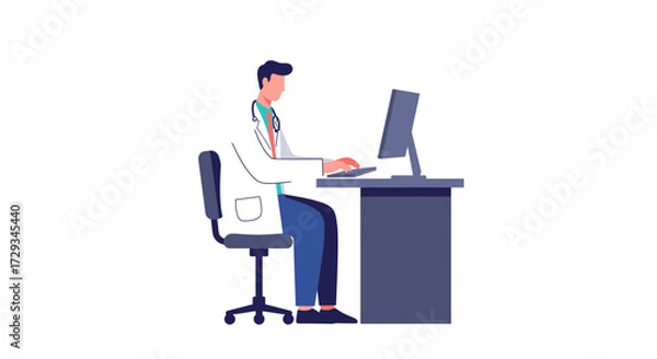 Fototapeta Dedicated doctor diligently works on computer screen, reviewing patient data with focused concentration in modern medical office setting
