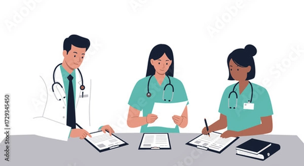 Fototapeta Medical team collaborates discussing patient charts and records during a professional healthcare meeting