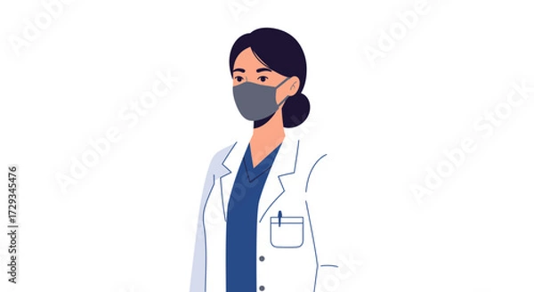 Fototapeta Professional healthcare worker wearing a mask and lab coat, ready to assist with compassionate care and medical expertise.