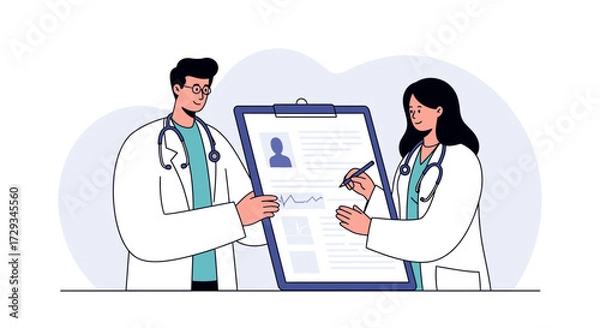Fototapeta Professional doctors collaborating on patient chart, discussing medical history and treatment plans in a modern clinic setting