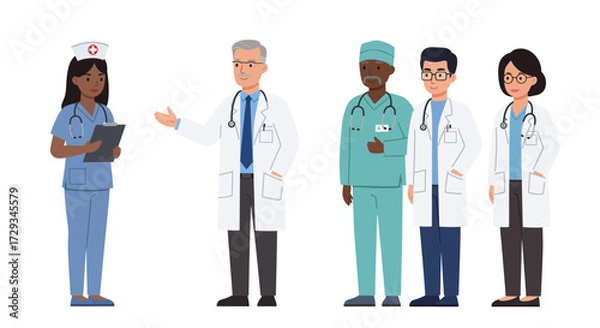 Fototapeta Diverse team of medical professionals including doctors and nurses collaborating for patient care and healthcare innovation