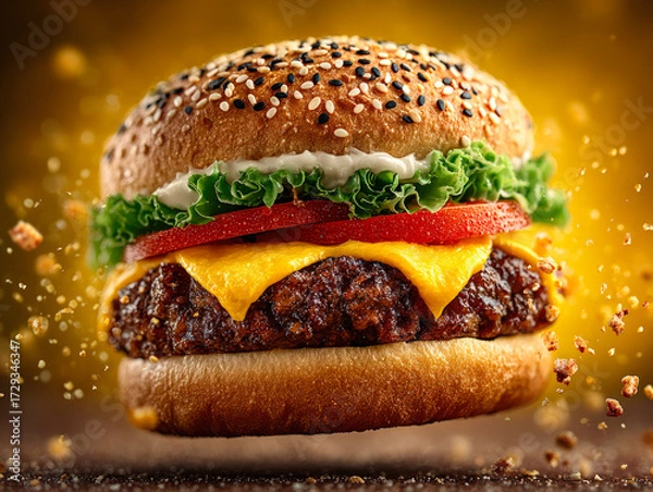 Fototapeta Juicy cheeseburger with beef patty, cheddar cheese, lettuce, and tomato in sesame bun, symbolizing fast food, indulgence, and flavor. 
