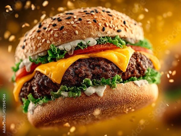 Fototapeta Close-up of juicy cheeseburger with beef patty, cheddar, lettuce, tomato, and sesame bun, symbolizing fast food, indulgence, and taste. 
