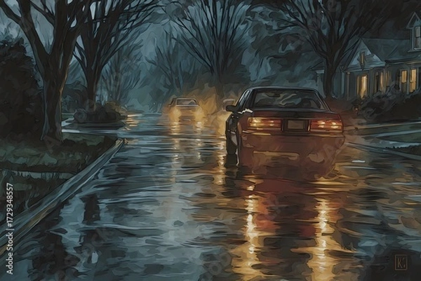 Fototapeta Glossy pavement glistens under dim light as a moving car appears blurred in the rainy atmosphere.