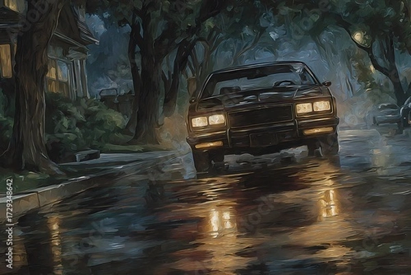 Fototapeta Glossy pavement glistens under dim light as a moving car appears blurred in the rainy atmosphere.