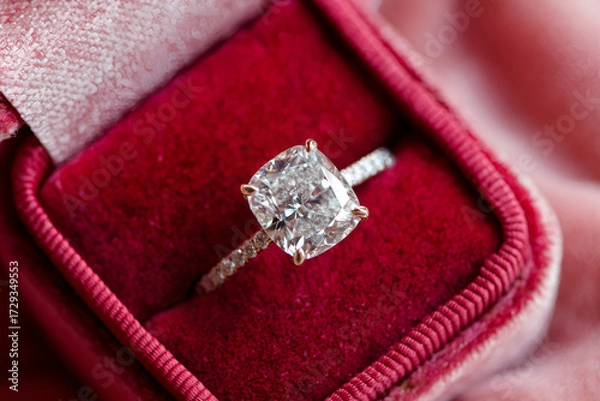 Obraz Cushion cut diamond engagement ring resting in a ring box
