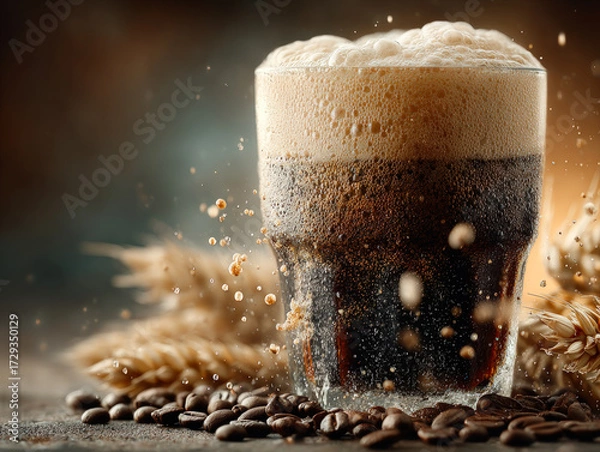 Fototapeta Glass of dark beer with frothy foam surrounded by coffee beans and wheat, symbolizing brewing, refreshment, and craft beverage culture. 
