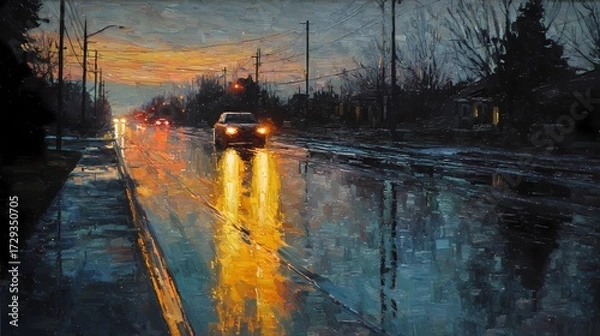 Fototapeta Glossy pavement glistens under dim light as a moving car appears blurred in the rainy atmosphere.