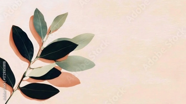 Fototapeta A leafy green plant with a black stem and a pink background. The leafy green plant is the main focus of the image