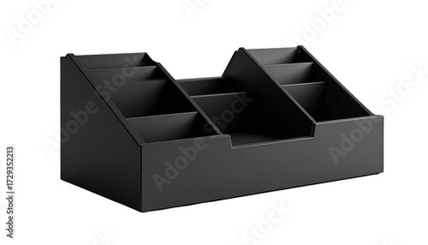 Obraz Angular black office organizer with multiple compartments and tiers, presented on a dark, solid black background, showcasing a clean and organized aesthetic with a minimalist design.
