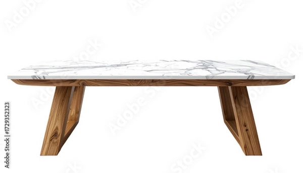 Obraz Elegant rectangular coffee table showcasing a luxurious marble top with intricate white veining and a warm wooden base, set against a stark black background emphasizing the design and textures.