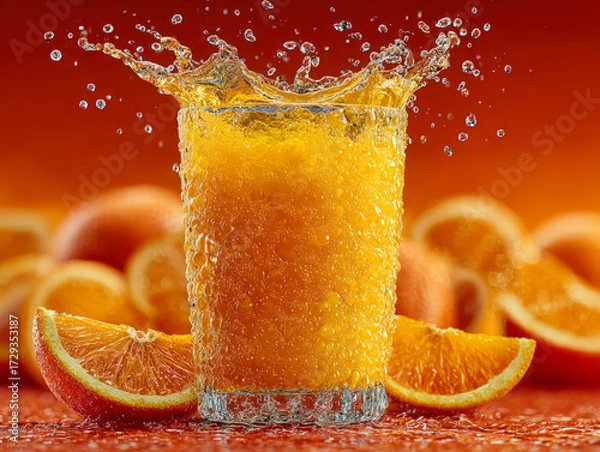 Fototapeta Glass of fresh orange juice splashing with citrus slices, symbolizing health, refreshment, vitamin C, natural energy, and summer lifestyle. 
